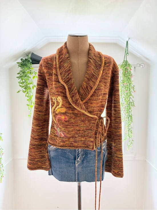 Axara Sweaters - Hand-Knit Burnt Orange Wrap Sweater with Embroidered Detail